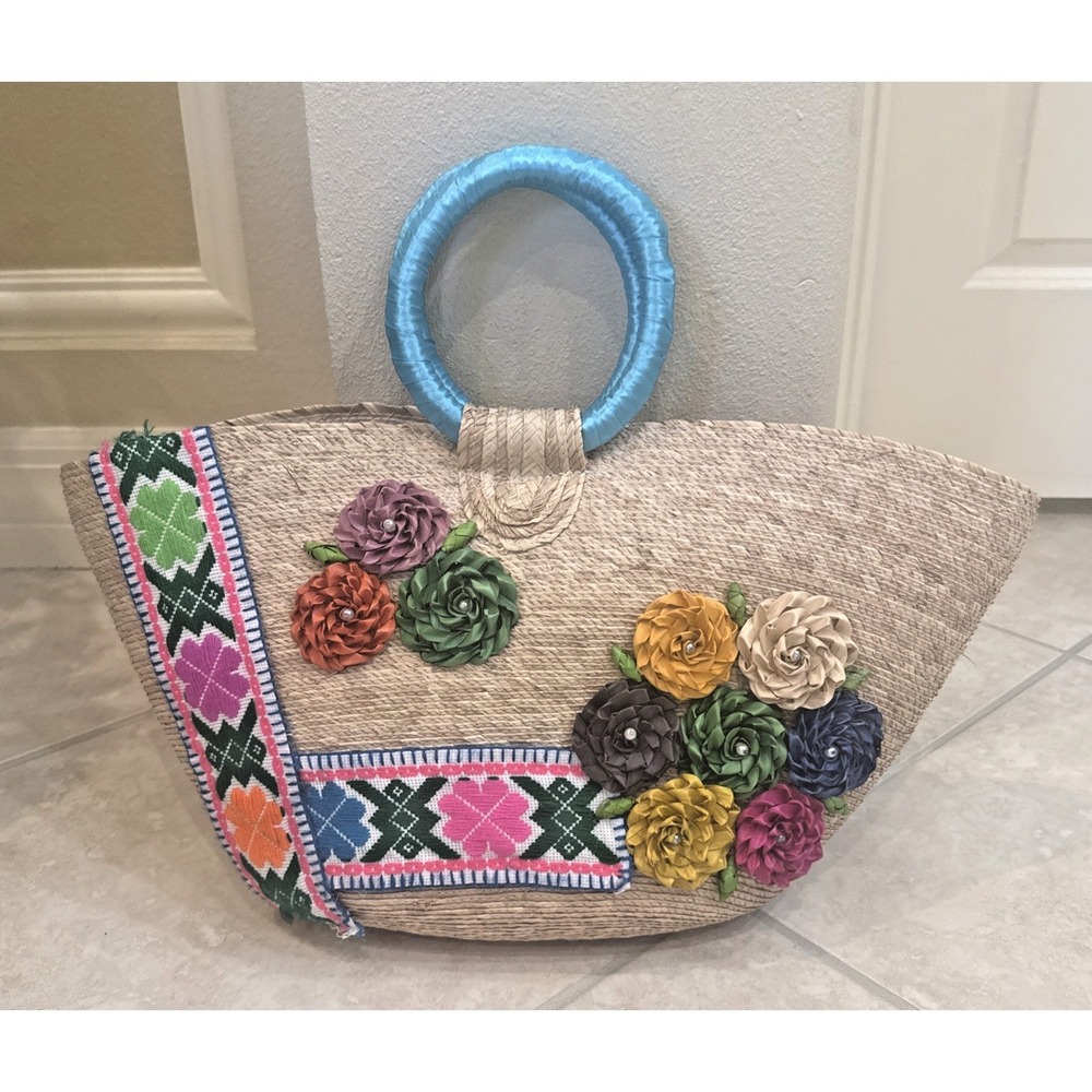 Handmadeβ Large Woven Straw Floral Market Tote Bag Beach Lake Picnic Boho Whimsy